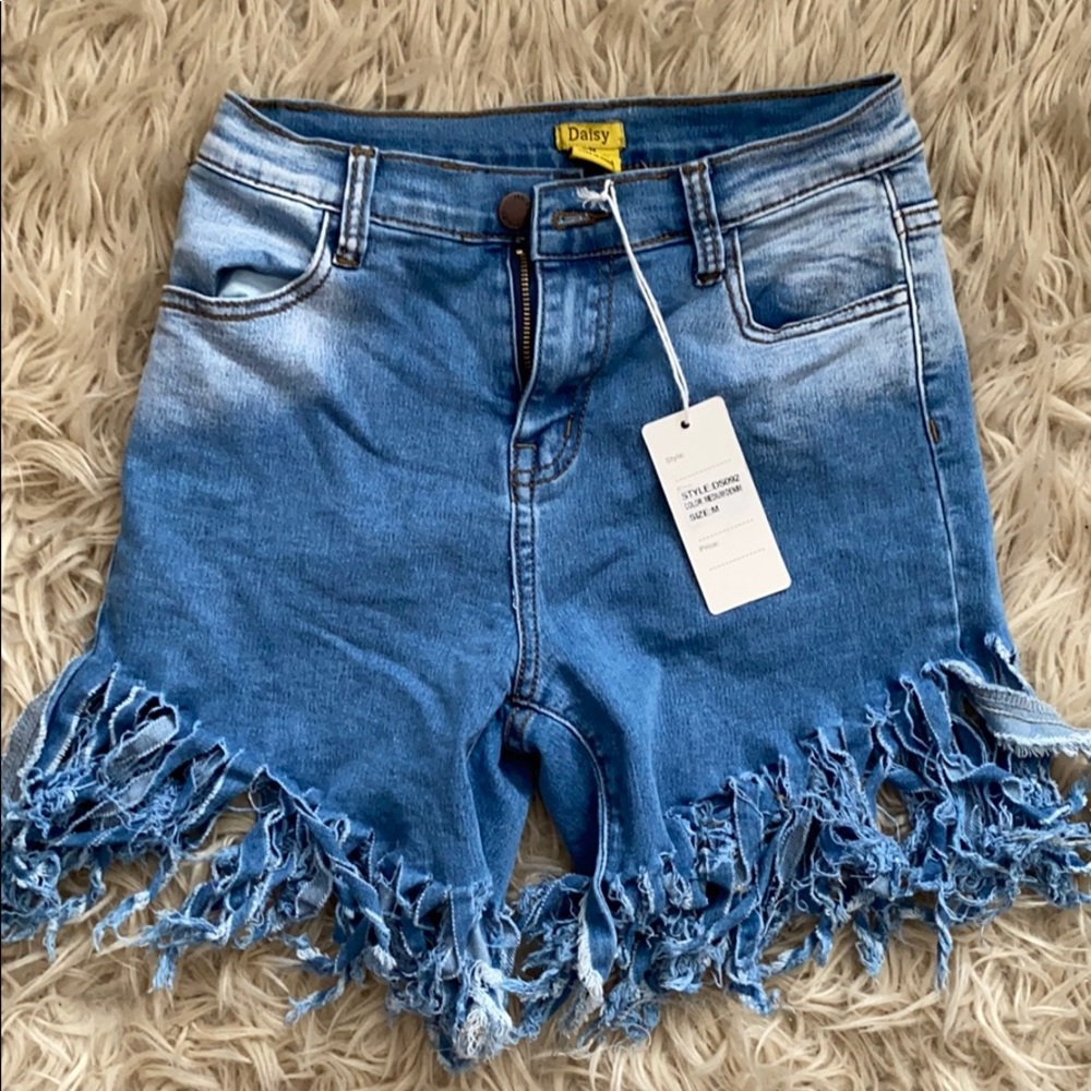 Blue jean daisy fringe shorts
